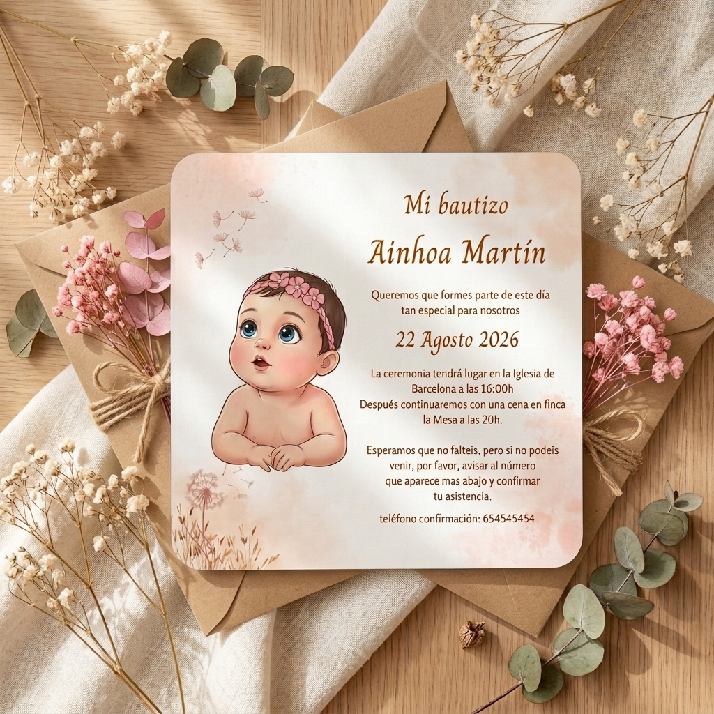Invitación bautizo retrato animado | Invitaciones de bautismo horizontal o cuadrada | Papelería de eventos retratos personalizados