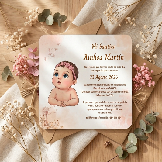 Invitación bautizo retrato animado | Invitaciones de bautismo horizontal o cuadrada | Papelería de eventos retratos personalizados