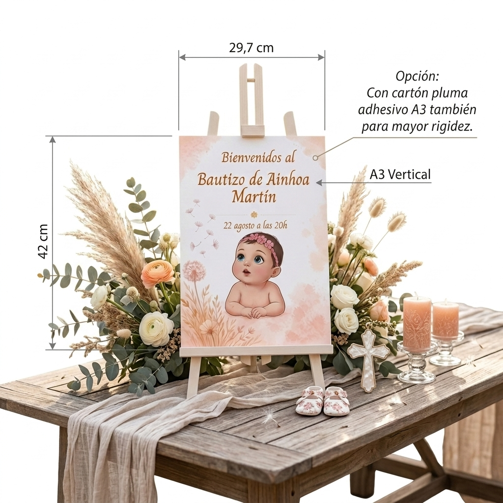 Cartel Bienvenida A3 bautizo personalizable | Retrato bebé animado fiesta nacimiento | Lámina 29,7x42cm entrada celebración