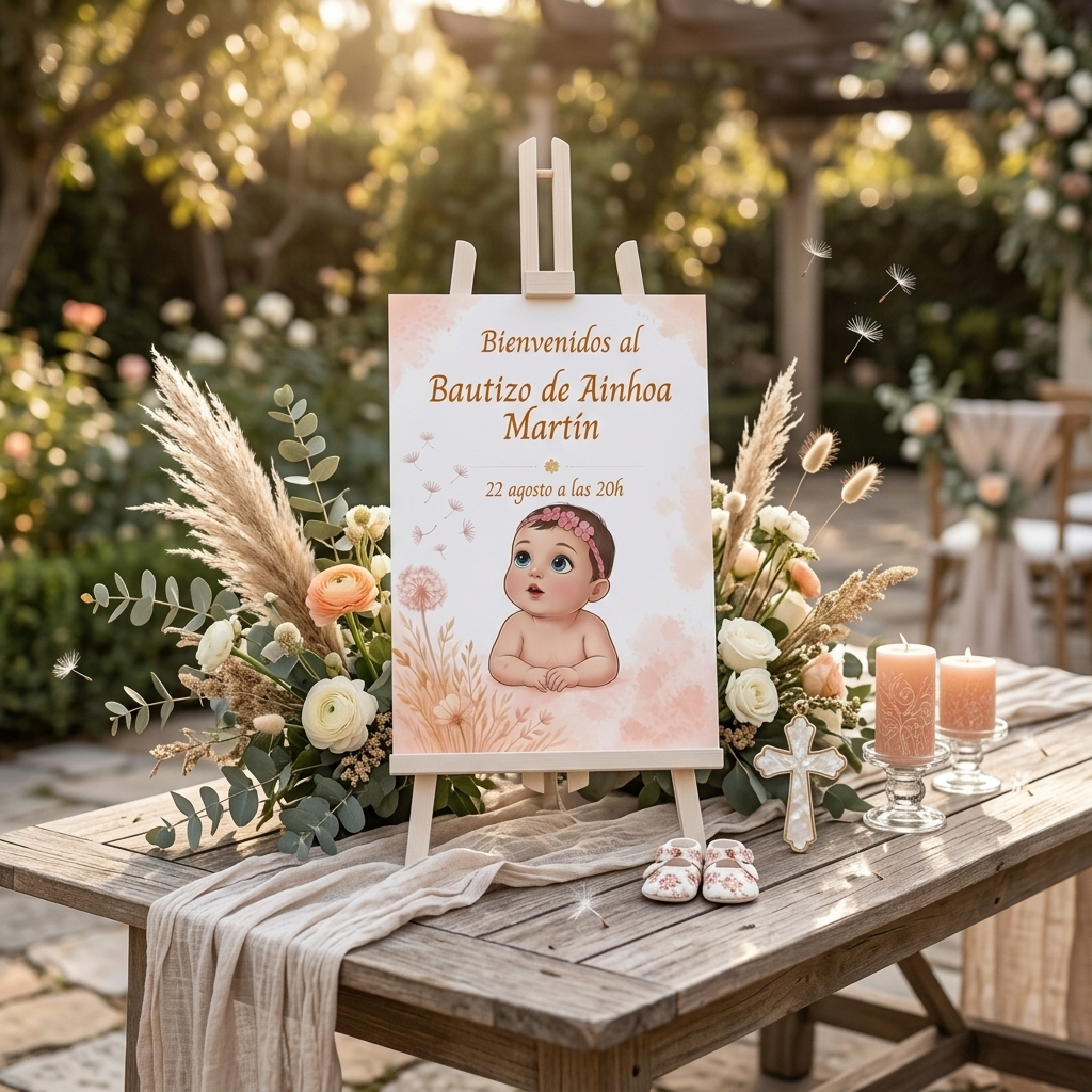 Cartel Bienvenida A3 bautizo personalizable | Retrato bebé animado fiesta nacimiento | Lámina 29,7x42cm entrada celebración
