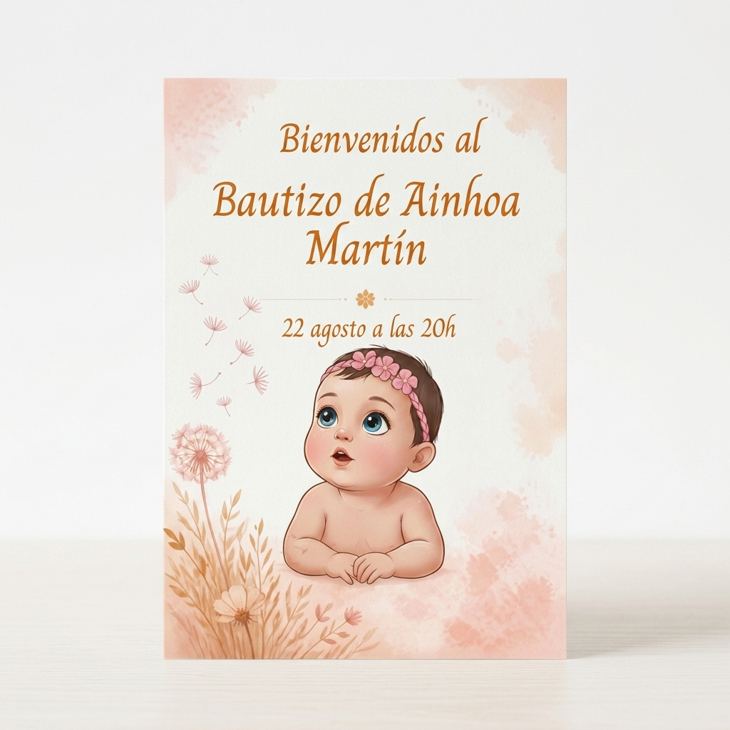 Cartel Bienvenida A3 bautizo personalizable | Retrato bebé animado fiesta nacimiento | Lámina 29,7x42cm entrada celebración