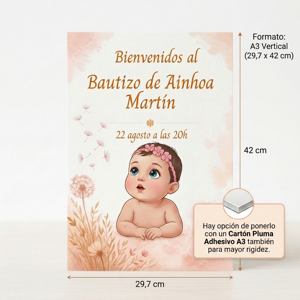 Cartel Bienvenida A3 bautizo personalizable | Retrato bebé animado fiesta nacimiento | Lámina 29,7x42cm entrada celebración