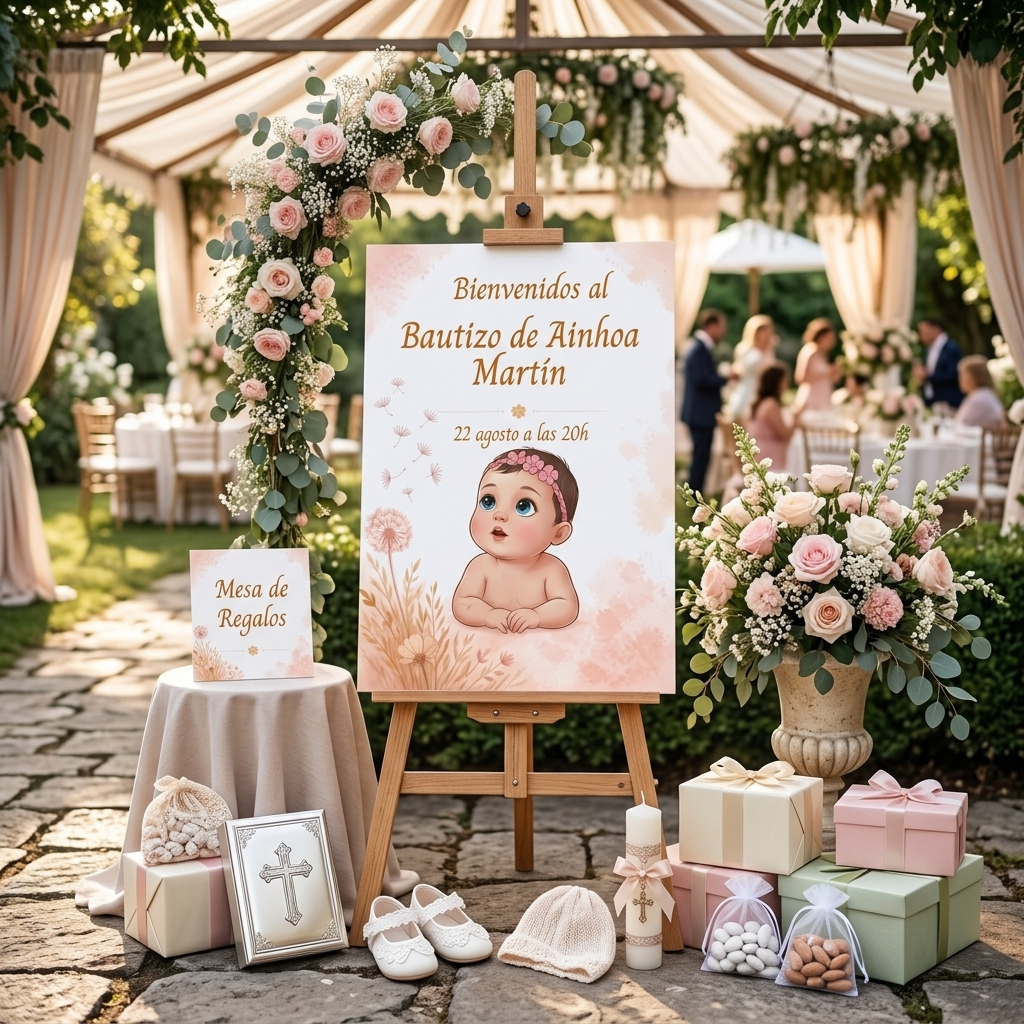 Cartel Bienvenida A3 bautizo personalizable | Retrato bebé animado fiesta nacimiento | Lámina 29,7x42cm entrada celebración