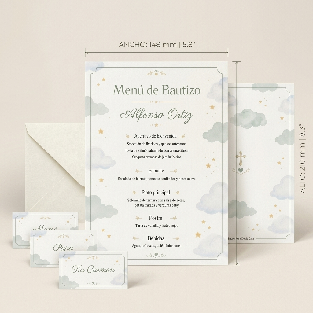 Menú personalizable bautizo | Colección dulce bautizo | Evento hecho a medida | Papelería de evento fiesta nacimiento del bebé