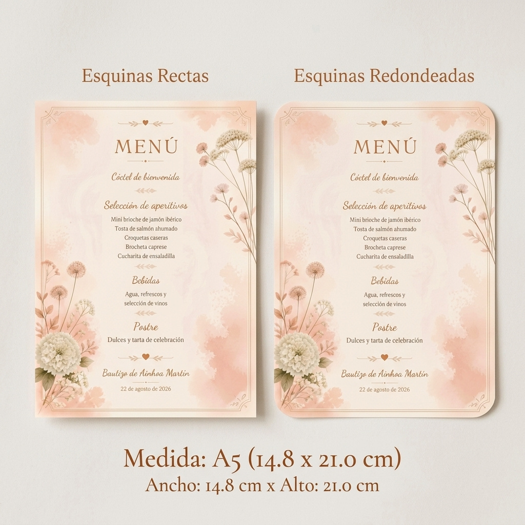 Menú de Bautizo Personalizado · Formato A5 · Pack 10 / 20 / 30 · Diseño Premium con Ilustración Animada