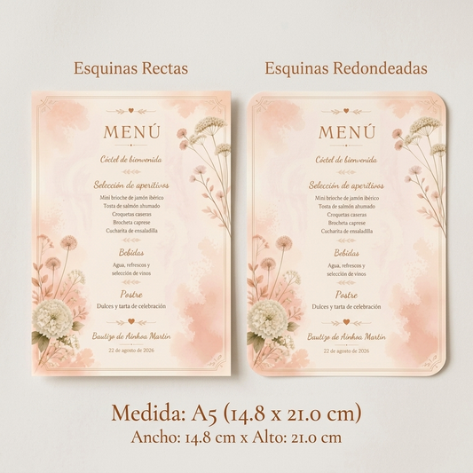 Menú de Bautizo Personalizado · Formato A5 · Pack 10 / 20 / 30 · Diseño Premium con Ilustración Animada