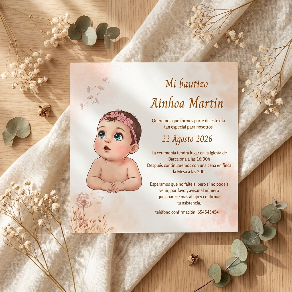 Invitación bautizo retrato animado | Invitaciones de bautismo horizontal o cuadrada | Papelería de eventos retratos personalizados