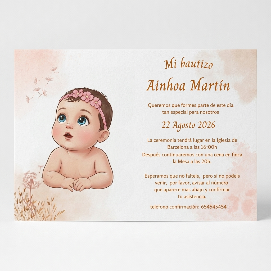 Invitación bautizo retrato animado | Invitaciones de bautismo horizontal o cuadrada | Papelería de eventos retratos personalizados