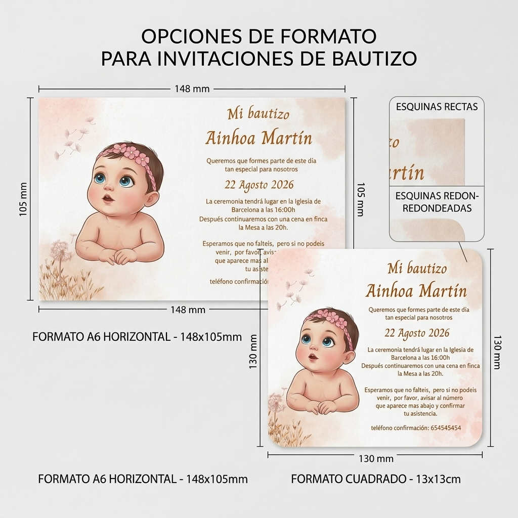 Invitación bautizo retrato animado | Invitaciones de bautismo horizontal o cuadrada | Papelería de eventos retratos personalizados
