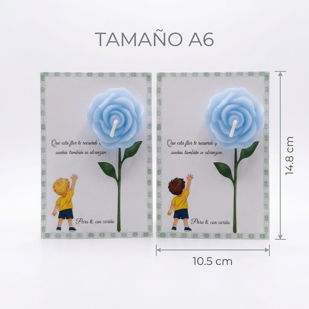 Tarjeta “Sueños que se alcanzan” Niño rubio / Niño moreno - Vela de flor perfumada recuerdo – Pack montado A6 - Recordatorio invitados - Regalo celebración