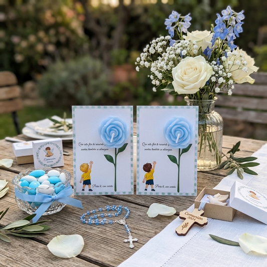 Tarjeta “Sueños que se alcanzan” Niño rubio / Niño moreno - Vela de flor perfumada recuerdo – Pack montado A6 - Recordatorio invitados - Regalo celebración