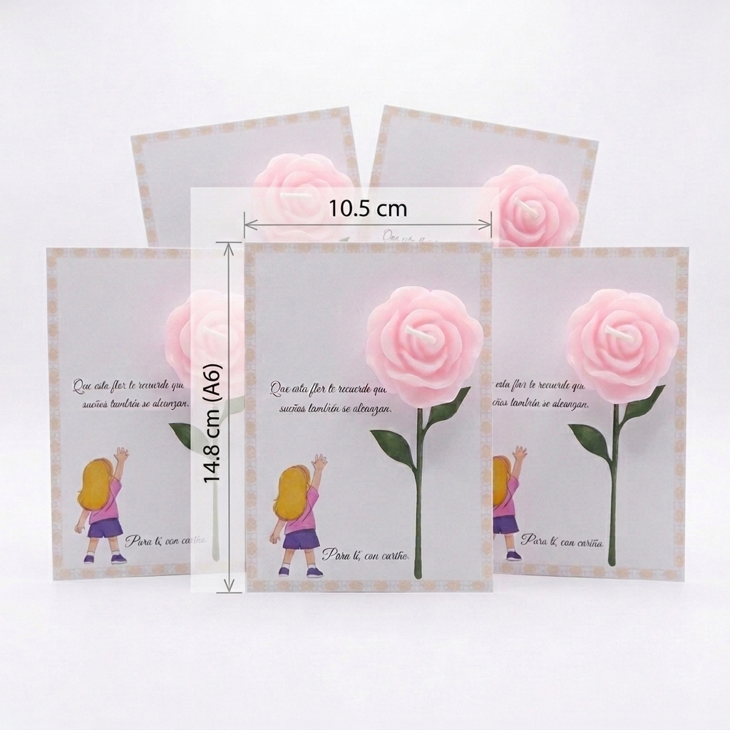 Tarjeta “Sueños que se alcanzan” Niña rubia / Niña morena con vela rosa perfumada – Pack montado A6 - Recordatorio invitados - Regalo y detalles que enamoran