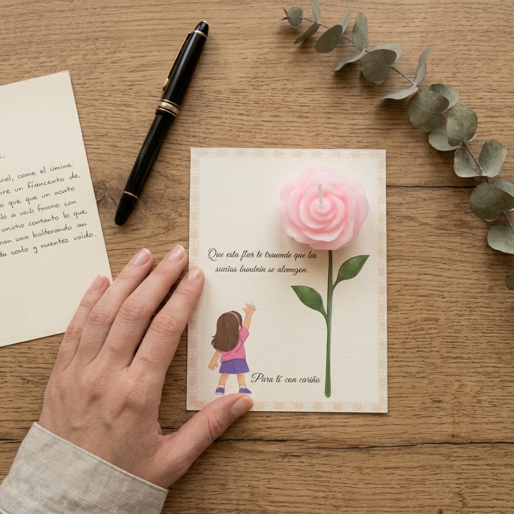 Tarjeta “Sueños que se alcanzan” Niña rubia / Niña morena con vela rosa perfumada – Pack montado A6 - Recordatorio invitados - Regalo y detalles que enamoran