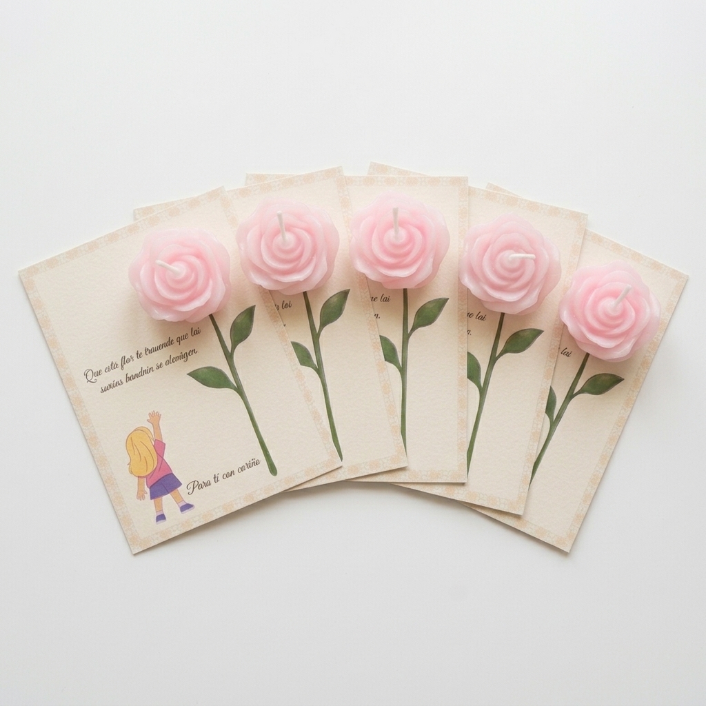 Tarjeta “Sueños que se alcanzan” Niña rubia / Niña morena con vela rosa perfumada – Pack montado A6 - Recordatorio invitados - Regalo y detalles que enamoran