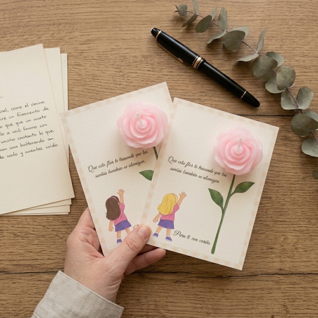 Tarjeta “Sueños que se alcanzan” Niña rubia / Niña morena con vela rosa perfumada – Pack montado A6 - Recordatorio invitados - Regalo y detalles que enamoran