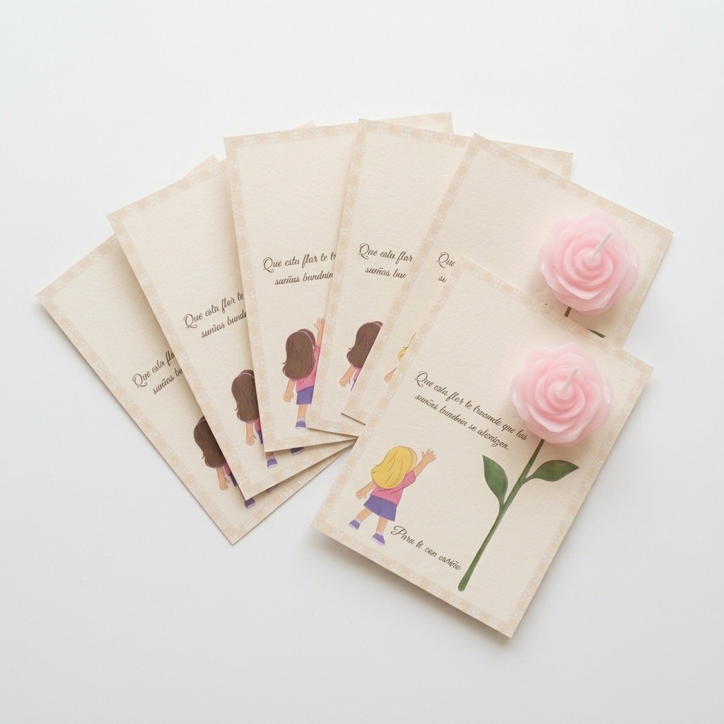 Tarjeta “Sueños que se alcanzan” Niña rubia / Niña morena con vela rosa perfumada – Pack montado A6 - Recordatorio invitados - Regalo y detalles que enamoran