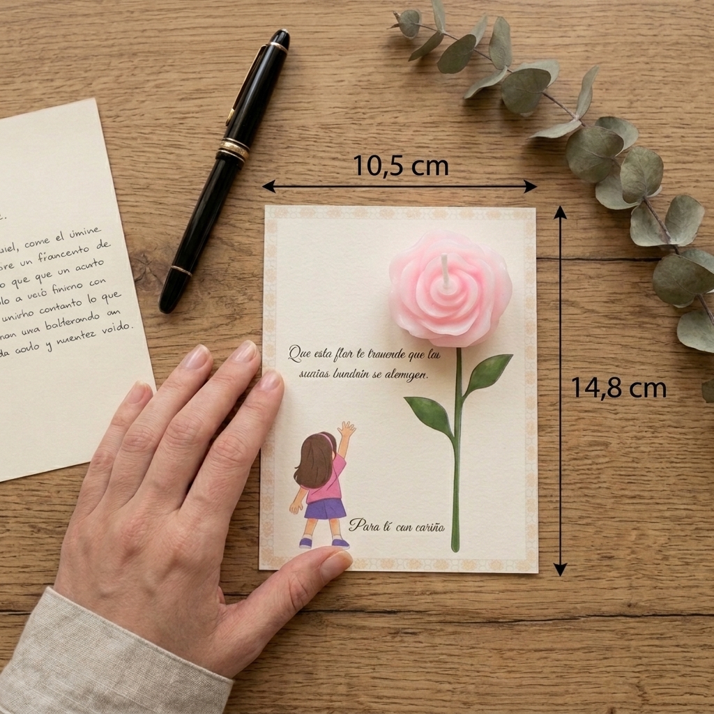 Tarjeta “Sueños que se alcanzan” Niña rubia / Niña morena con vela rosa perfumada – Pack montado A6 - Recordatorio invitados - Regalo y detalles que enamoran