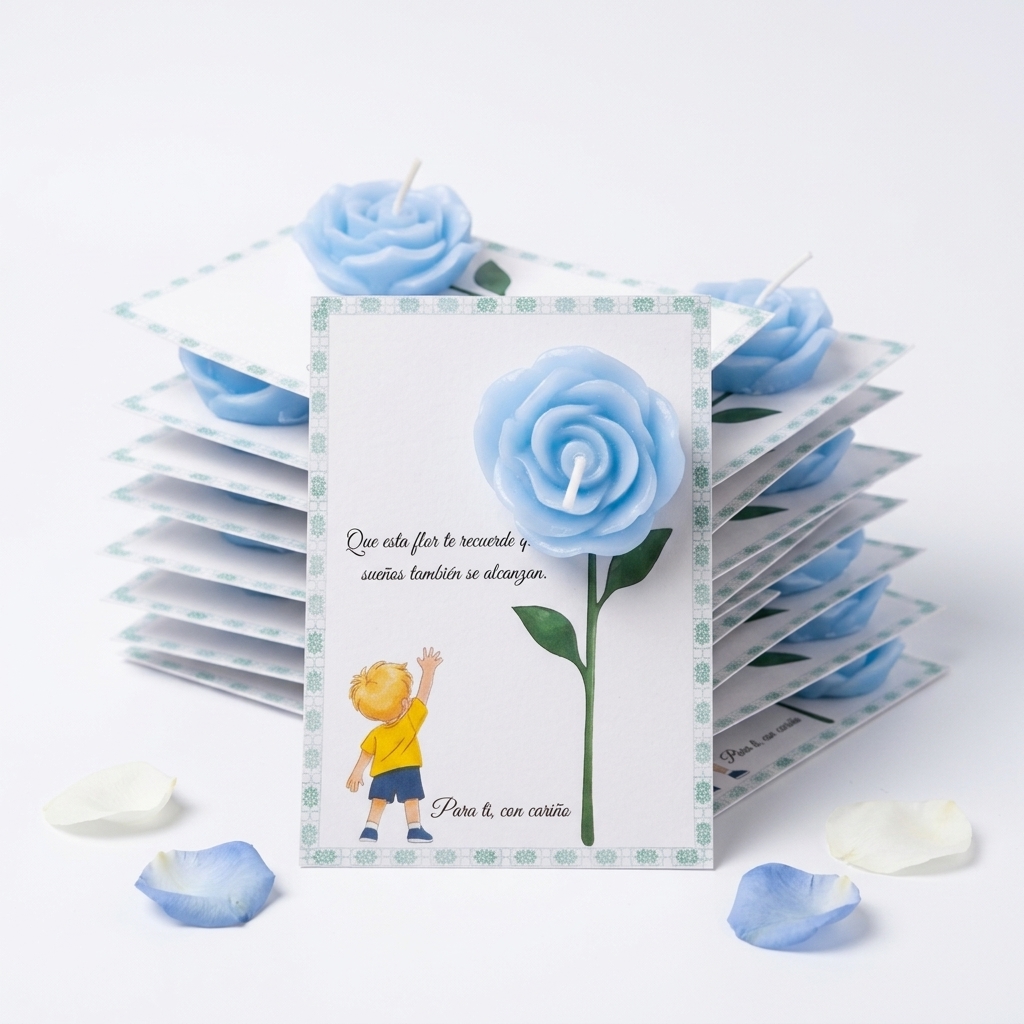 Tarjeta “Sueños que se alcanzan” Niño rubio / Niño moreno - Vela de flor perfumada recuerdo – Pack montado A6 - Recordatorio invitados - Regalo celebración