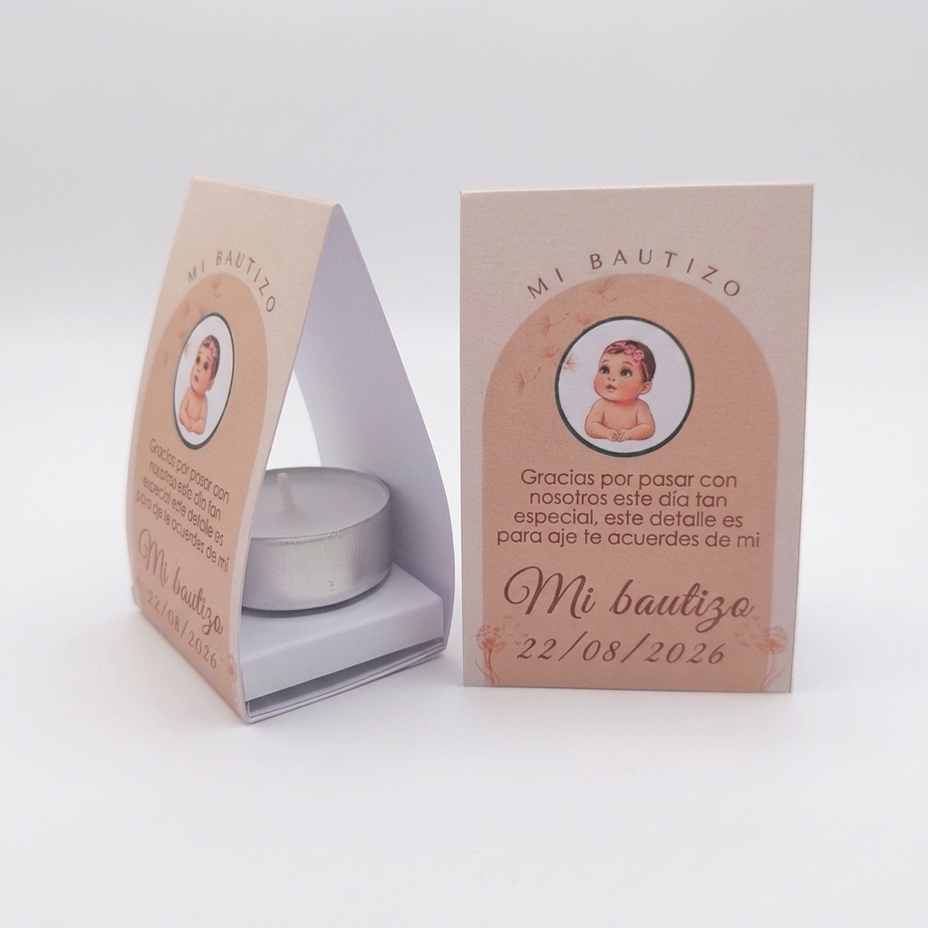 Recordatorio de Bautizo con Retrato Personalizado – Pack 12 unidades - Vela recordatorio fiesta nacimiento del bebé