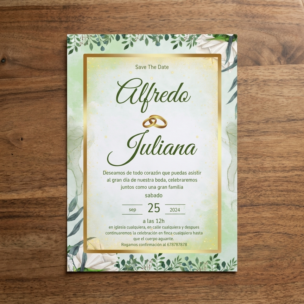Invitaciones de Boda “Save The Date” · Diseño Floral Verde y Dorado · Tamaño A5 · Pack 10/20/30