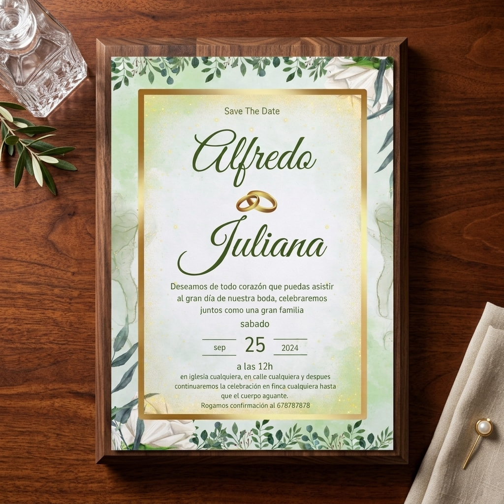 Invitaciones de Boda “Save The Date” · Diseño Floral Verde y Dorado · Tamaño A5 · Pack 10/20/30