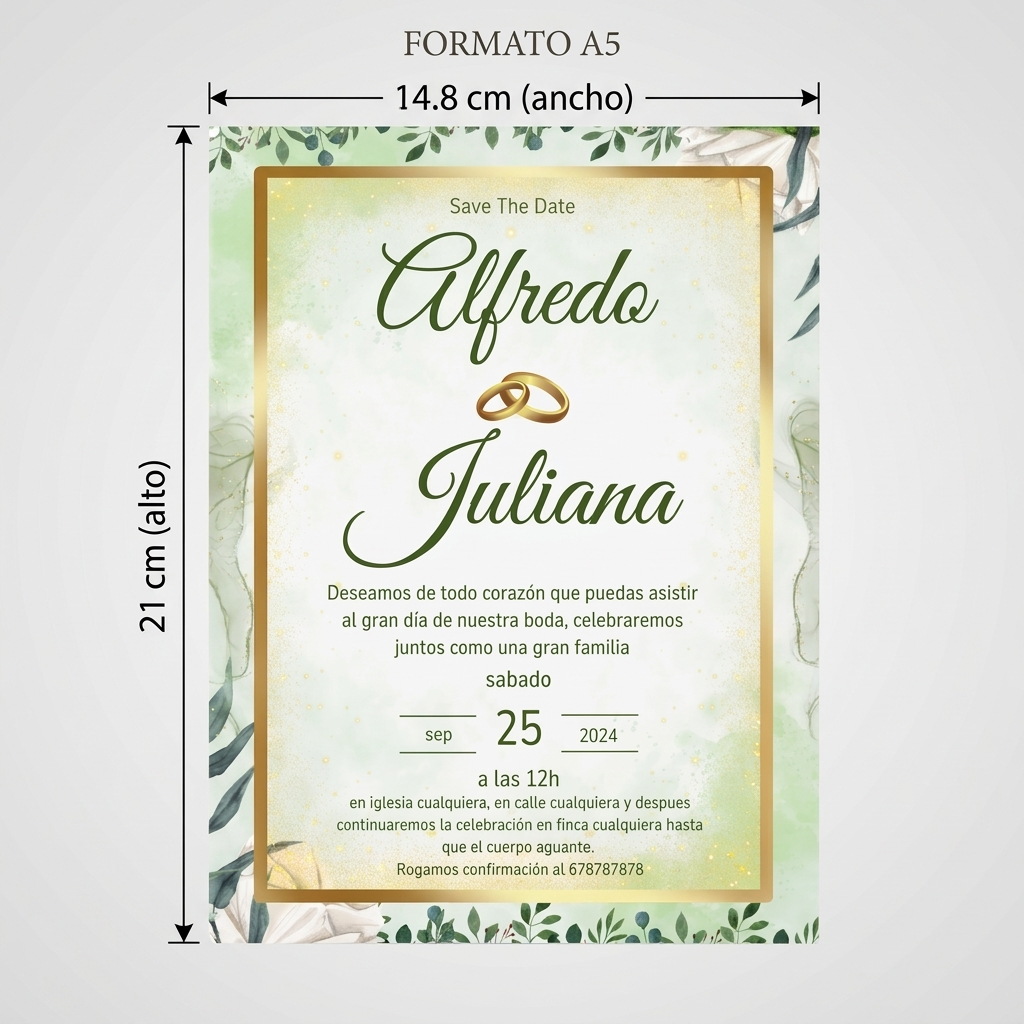 Invitaciones de Boda “Save The Date” · Diseño Floral Verde y Dorado · Tamaño A5 · Pack 10/20/30