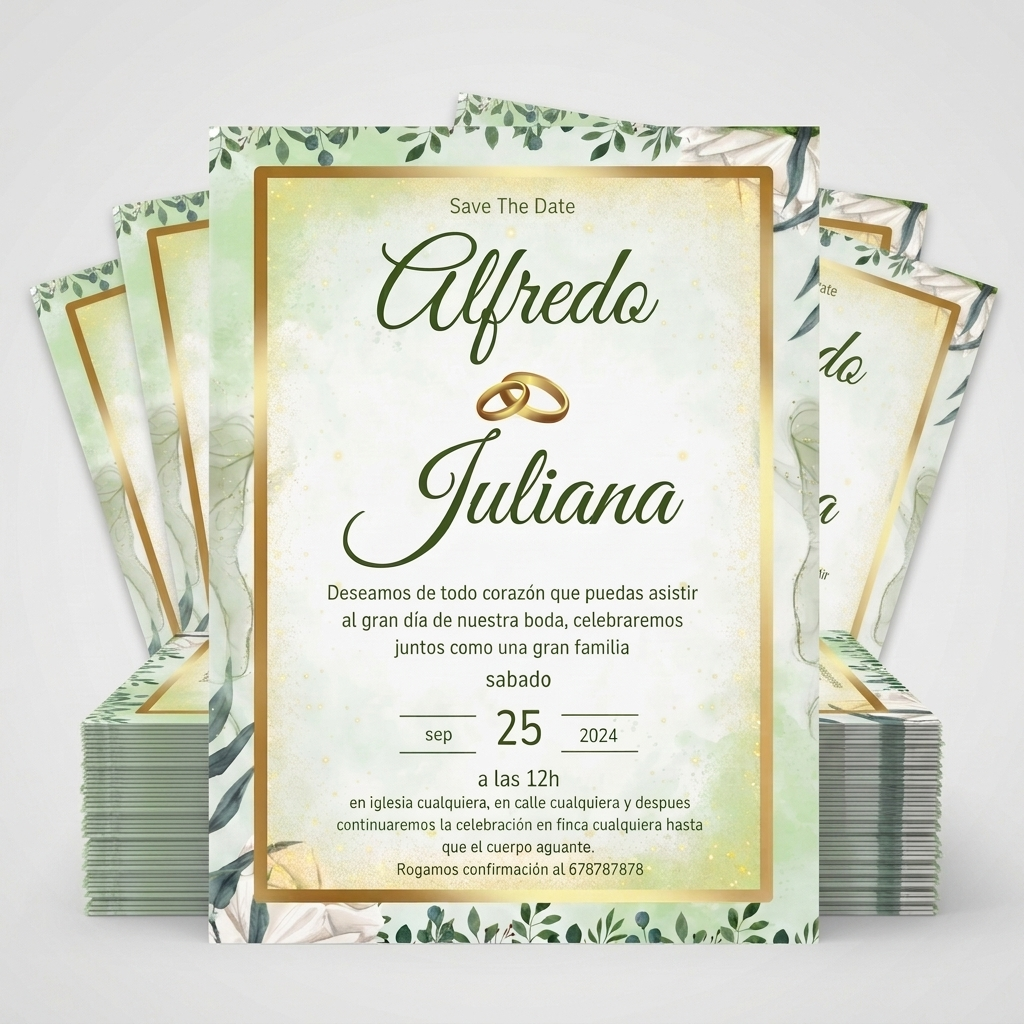 Invitaciones de Boda “Save The Date” · Diseño Floral Verde y Dorado · Tamaño A5 · Pack 10/20/30