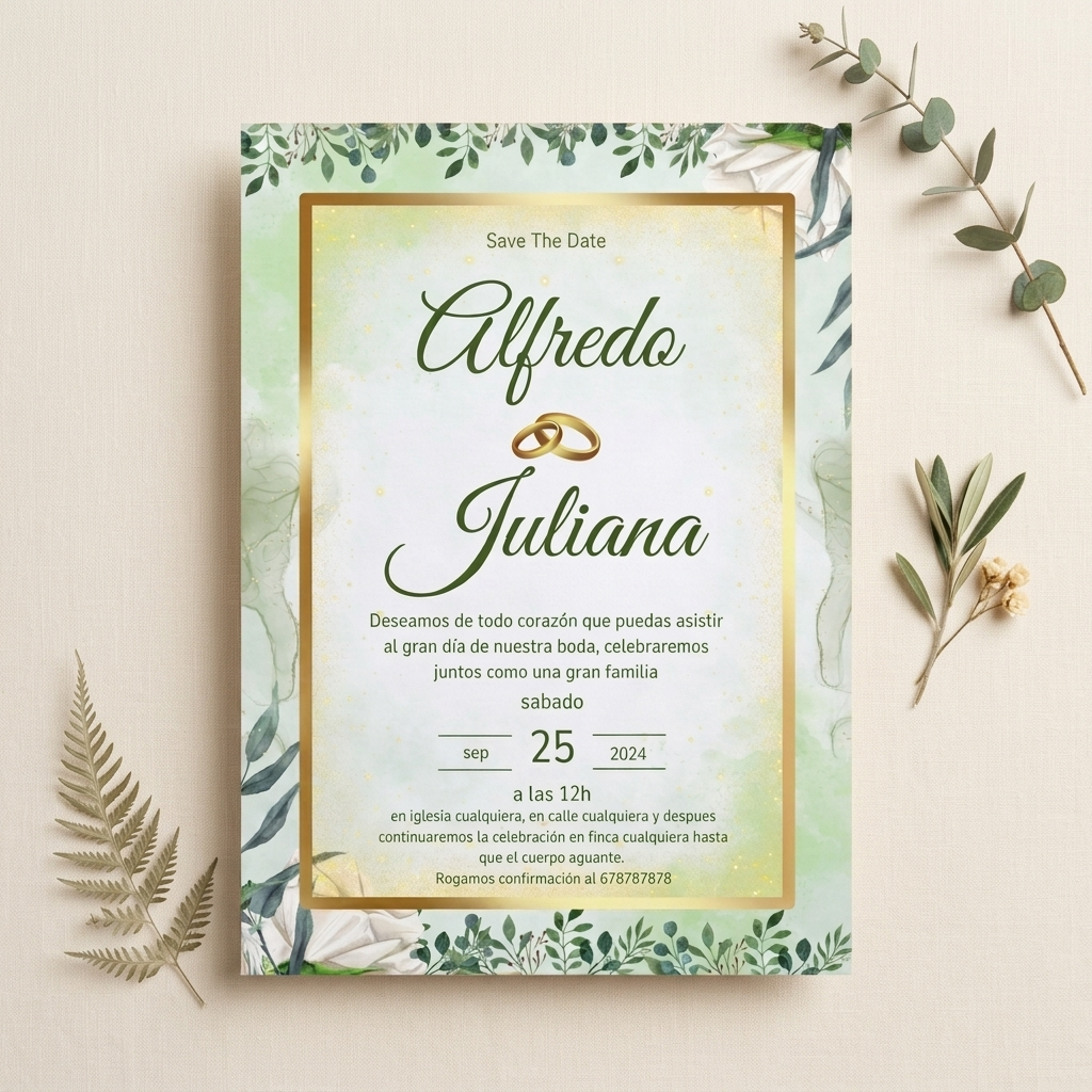 Invitaciones de Boda “Save The Date” · Diseño Floral Verde y Dorado · Tamaño A5 · Pack 10/20/30