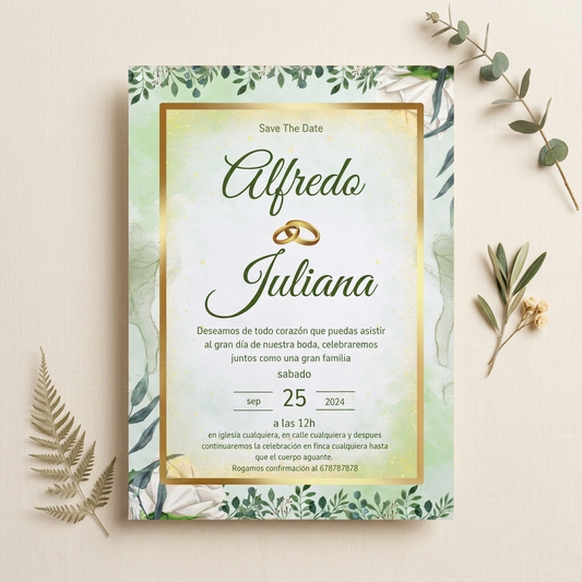 Invitaciones de Boda “Save The Date” · Diseño Floral Verde y Dorado · Tamaño A5 · Pack 10/20/30