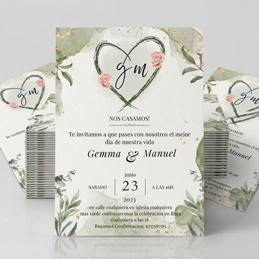 Invitaciones de Boda Premium · Diseño Floral con Iniciales · Tamaño A6/A5 · Pack 10/20/30
