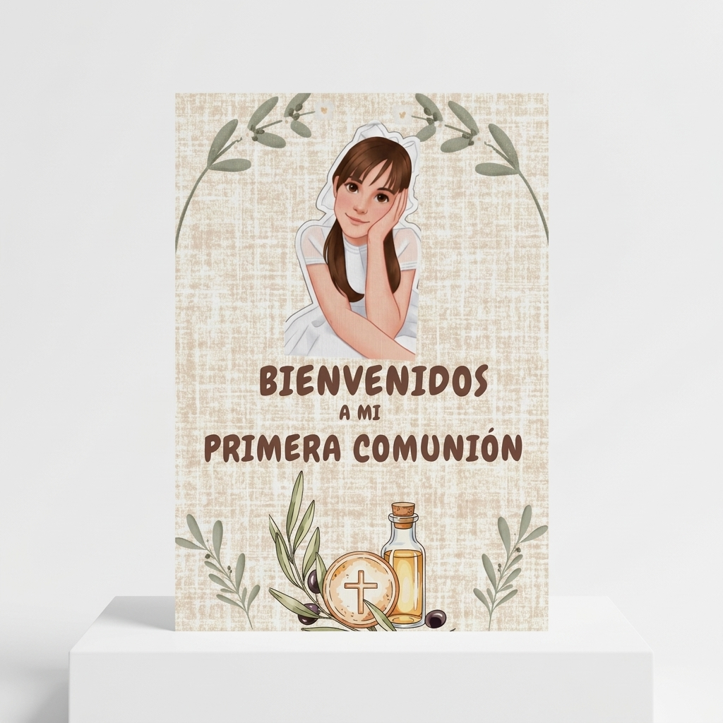 Póster Bienvenida Mi primera Comunión personalizable | Retrato animado niño niña comunión | Tamaño A3