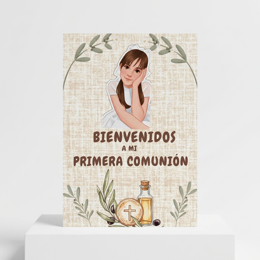 Póster Bienvenida Mi primera Comunión personalizable | Retrato animado niño niña comunión | Tamaño A3