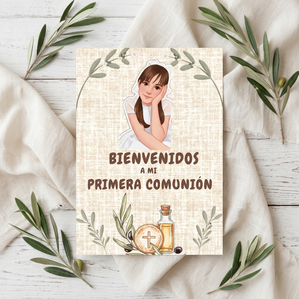 Póster Bienvenida Mi primera Comunión personalizable | Retrato animado niño niña comunión | Tamaño A3