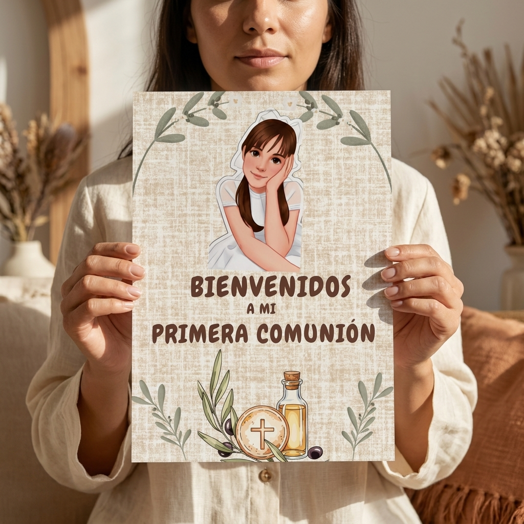 Póster Bienvenida Mi primera Comunión personalizable | Retrato animado niño niña comunión | Tamaño A3