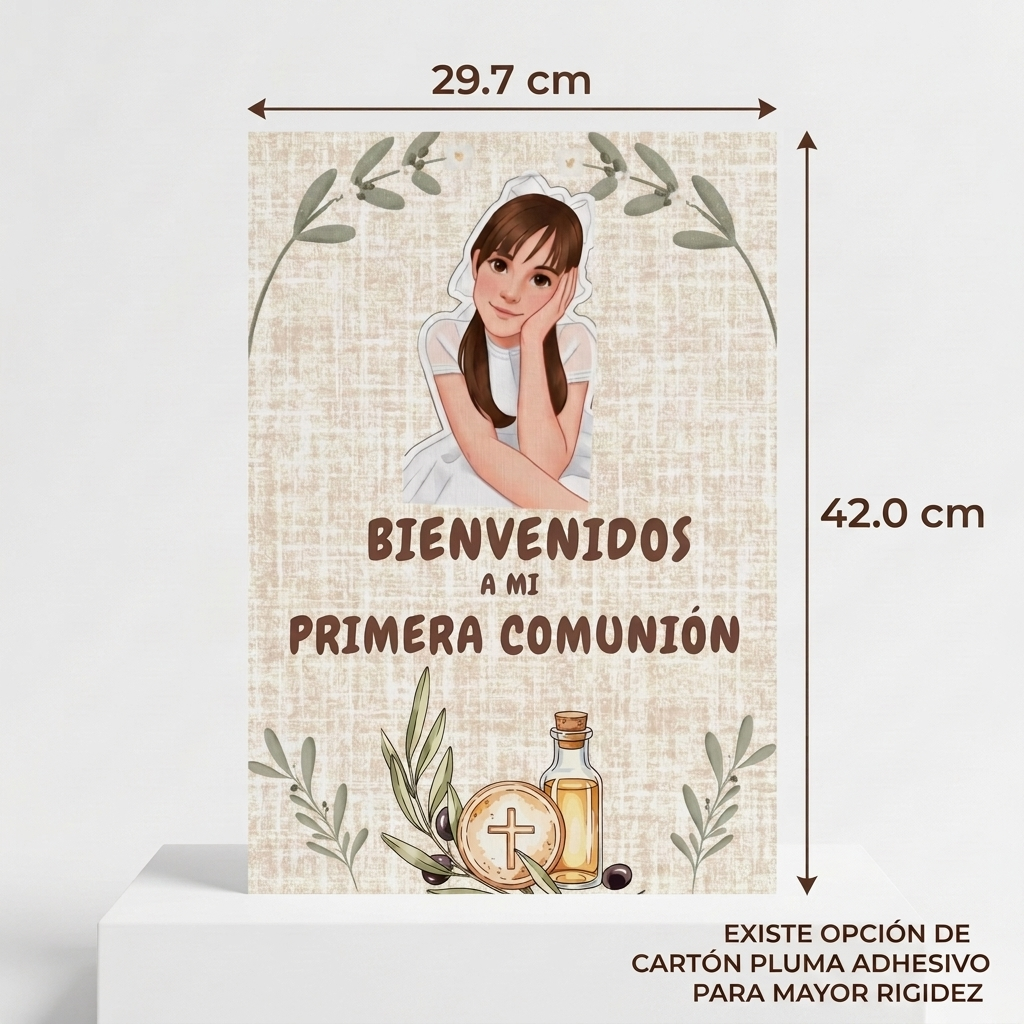 Póster Bienvenida Mi primera Comunión personalizable | Retrato animado niño niña comunión | Tamaño A3