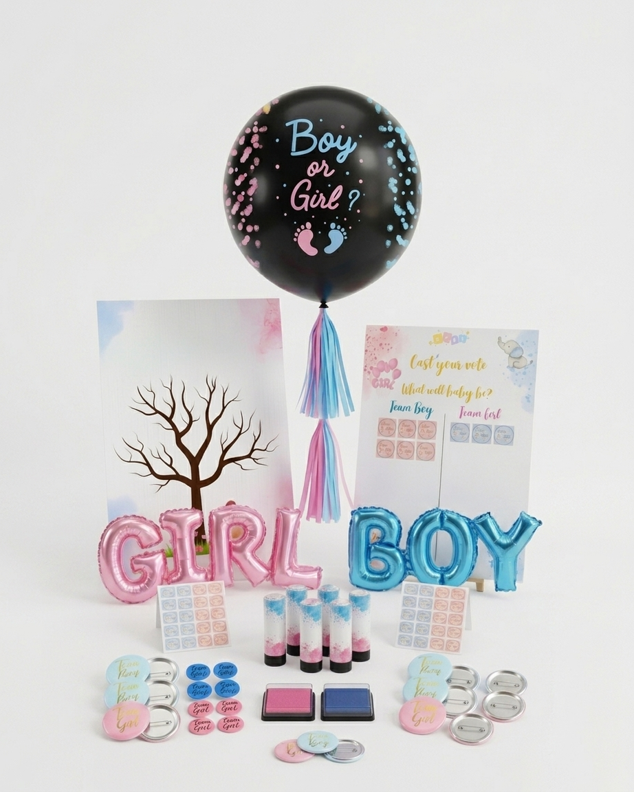 Mega Pack Gender Reveal — Globo revelación + cañones rosa y azul + globos BOY & GIRL + árbol de huellas + juego de votación + adhesivos + pines (131 piezas)