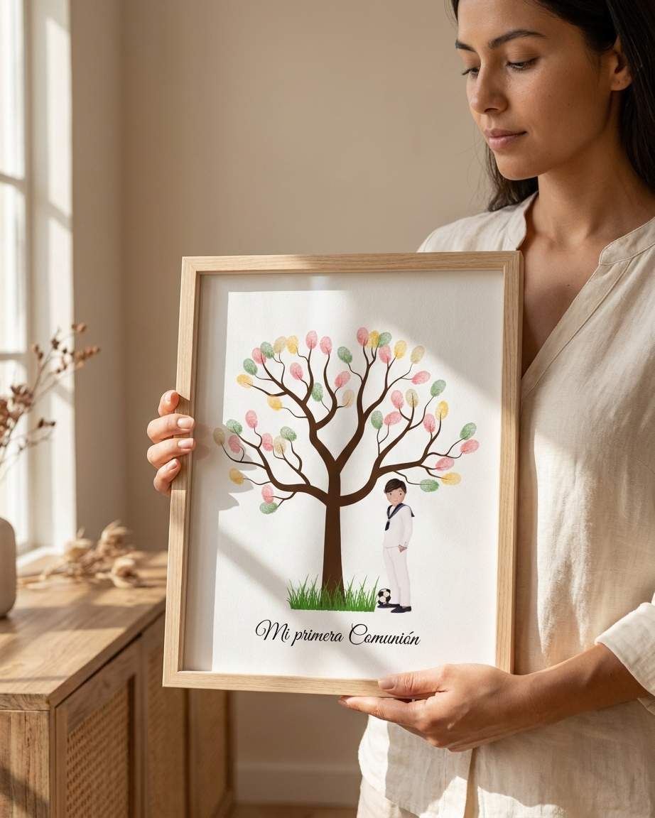 Árbol de huellas primera comunión | Libro de firmas ilustración personalizable | Varios modelos moreno, rubio, pelirrojo..