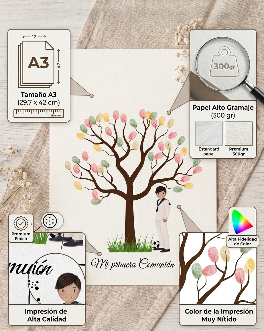 Árbol de huellas primera comunión | Libro de firmas ilustración personalizable | Varios modelos moreno, rubio, pelirrojo..