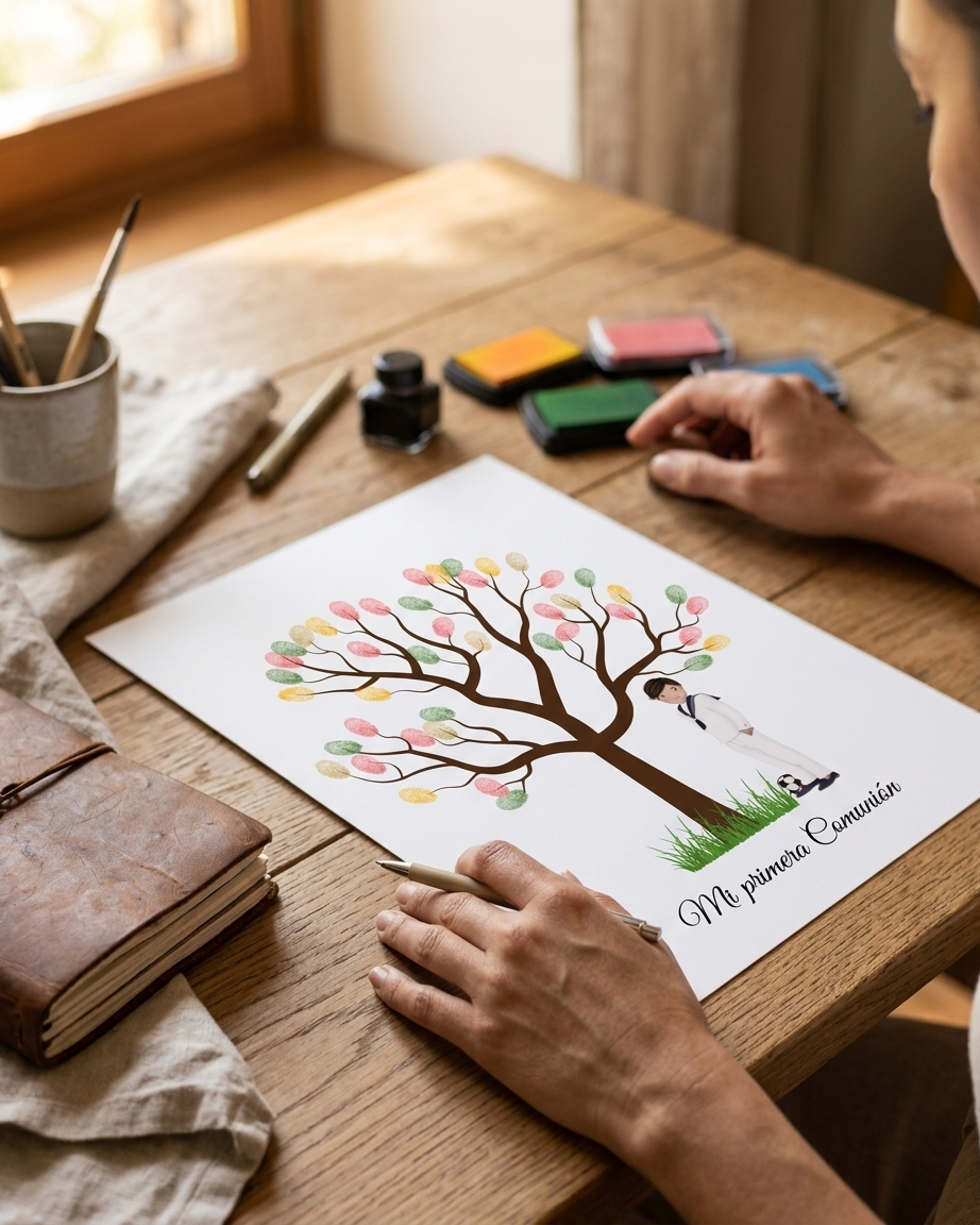 Árbol de huellas primera comunión | Libro de firmas ilustración personalizable | Varios modelos moreno, rubio, pelirrojo..