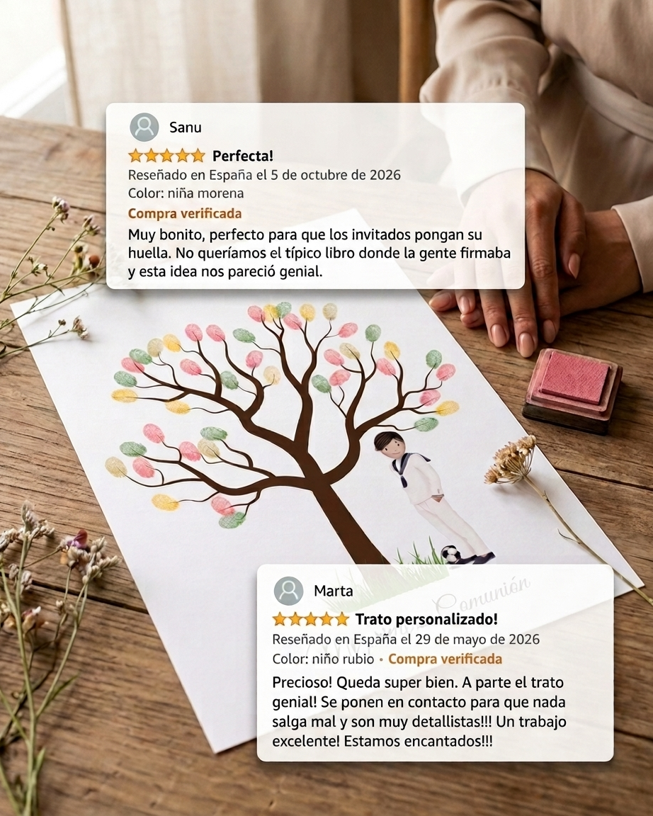 Árbol de huellas primera comunión | Libro de firmas ilustración personalizable | Varios modelos moreno, rubio, pelirrojo..