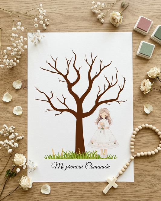 Árbol de huellas primera comunión | Libro de firmas ilustración personalizable | Varios modelos disponibles niña rubia, morena, pelirroja...