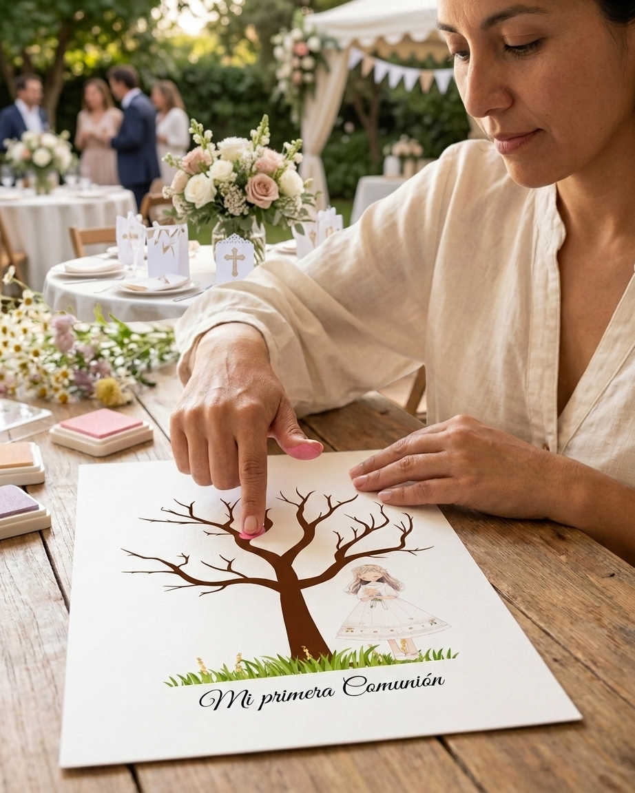 Árbol de huellas primera comunión | Libro de firmas ilustración personalizable | Varios modelos disponibles niña rubia, morena, pelirroja...