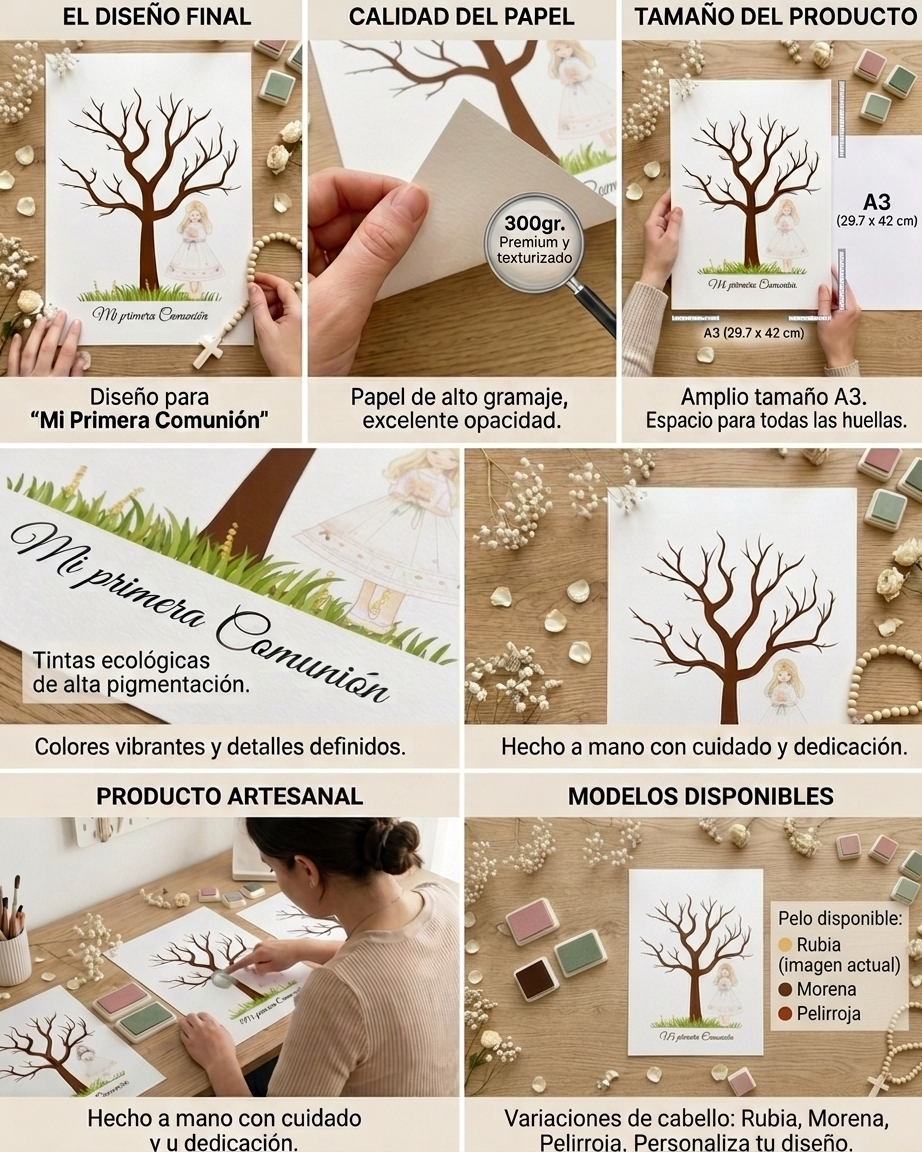 Árbol de huellas primera comunión | Libro de firmas ilustración personalizable | Varios modelos disponibles niña rubia, morena, pelirroja...