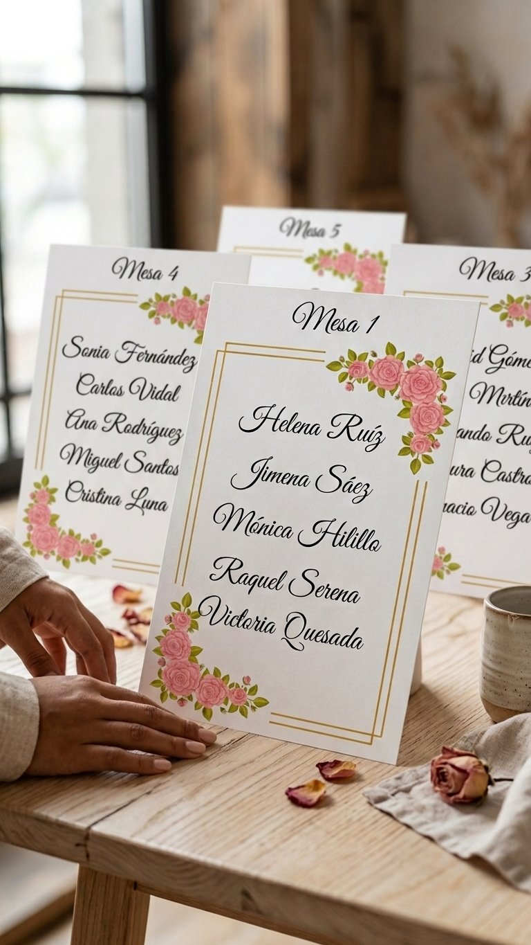 Plantillas A5 para Seating Plan, Numeración de Mesas y Menús – Diseño Floral con Marco Dorado – Papel Couche Mate 200 g – Pack 30/50/100