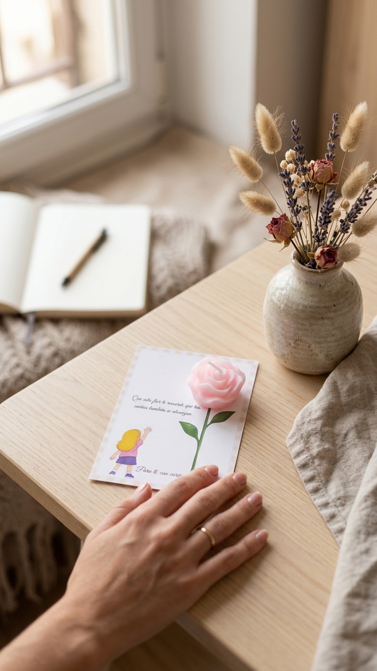 Tarjeta “Sueños que se alcanzan” Niña rubia / Niña morena con vela rosa perfumada – Pack montado A6 - Recordatorio invitados - Regalo y detalles que enamoran