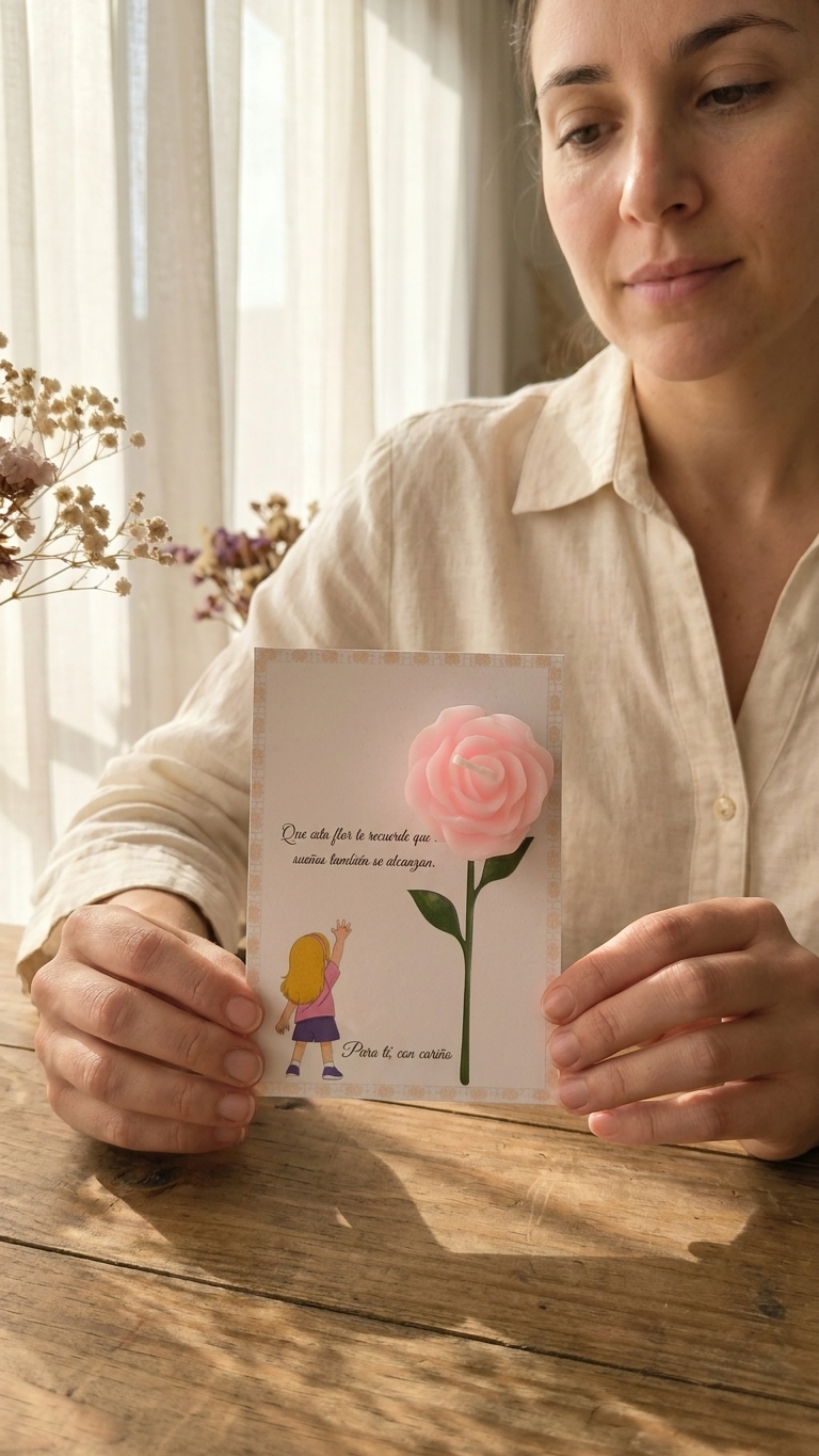 Tarjeta “Sueños que se alcanzan” Niña rubia / Niña morena con vela rosa perfumada – Pack montado A6 - Recordatorio invitados - Regalo y detalles que enamoran