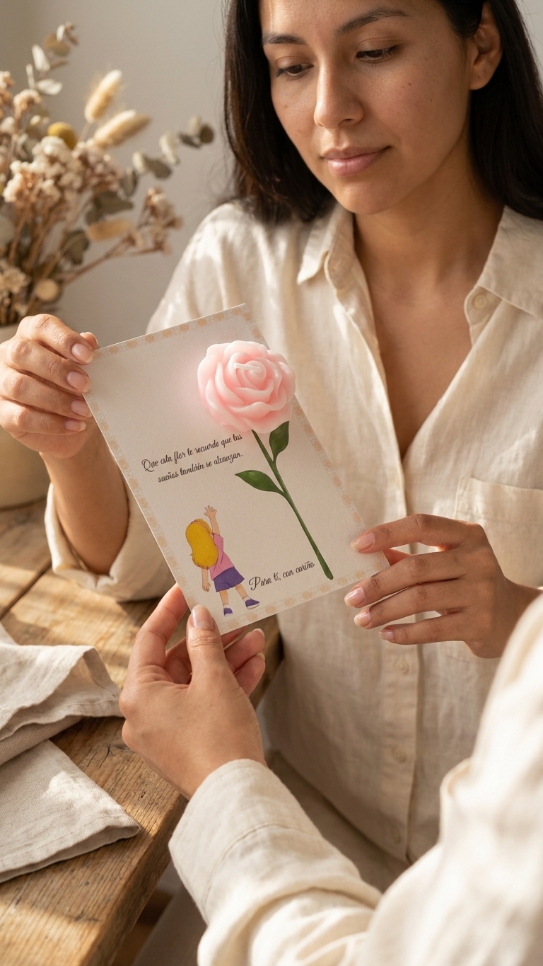 Tarjeta “Sueños que se alcanzan” Niña rubia / Niña morena con vela rosa perfumada – Pack montado A6 - Recordatorio invitados - Regalo y detalles que enamoran