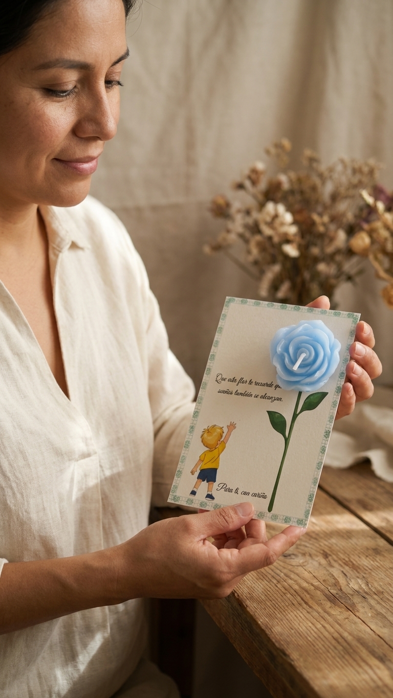 Tarjeta “Sueños que se alcanzan” Niño rubio / Niño moreno - Vela de flor perfumada recuerdo – Pack montado A6 - Recordatorio invitados - Regalo celebración