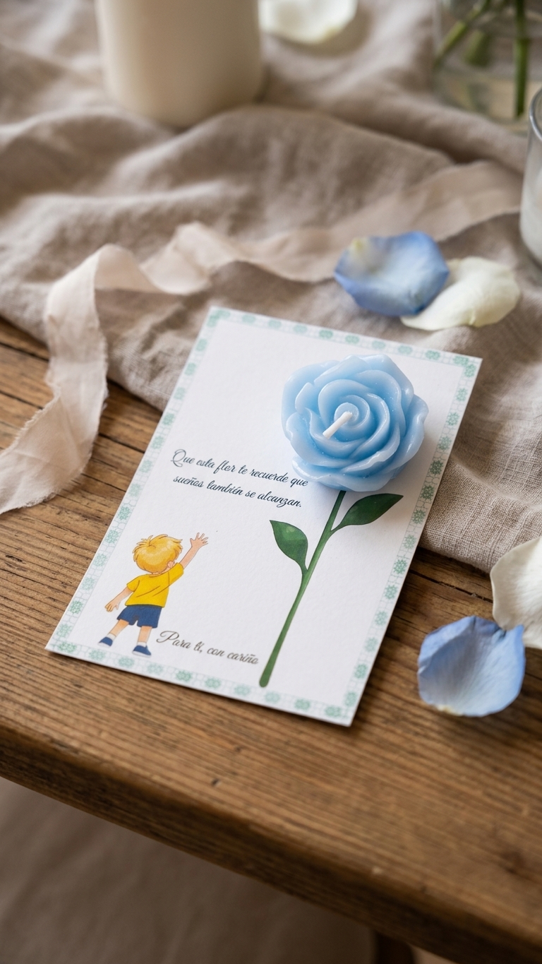 Tarjeta “Sueños que se alcanzan” Niño rubio / Niño moreno - Vela de flor perfumada recuerdo – Pack montado A6 - Recordatorio invitados - Regalo celebración