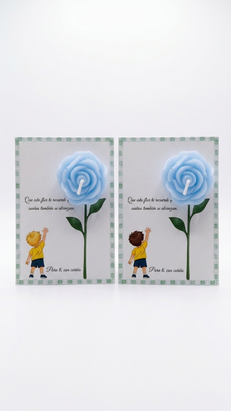 Tarjeta “Sueños que se alcanzan” Niño rubio / Niño moreno - Vela de flor perfumada recuerdo – Pack montado A6 - Recordatorio invitados - Regalo celebración